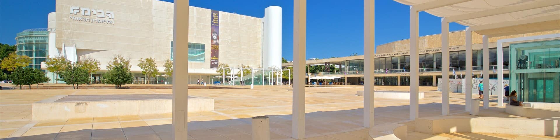 Una estructura arquitectónica moderna con un amplio muro de cristal y una plaza espaciosa con columnas blancas.