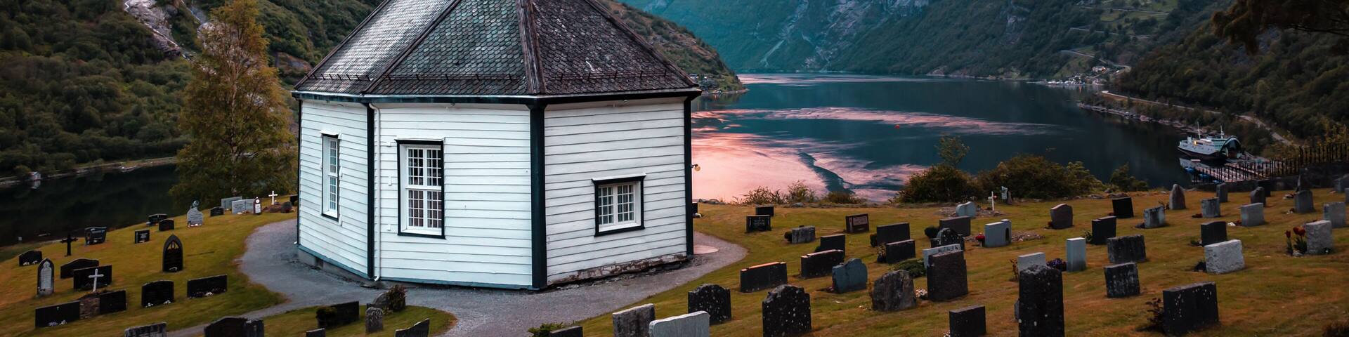 classical Norwegian church in Geiranger
