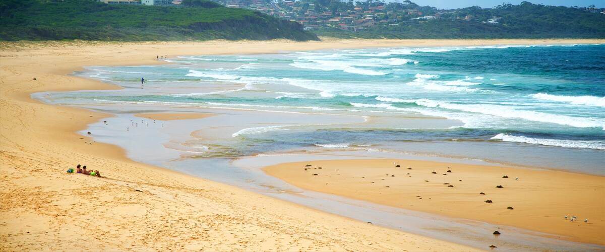 A sandy beach with waves, a few people, and houses in the background.