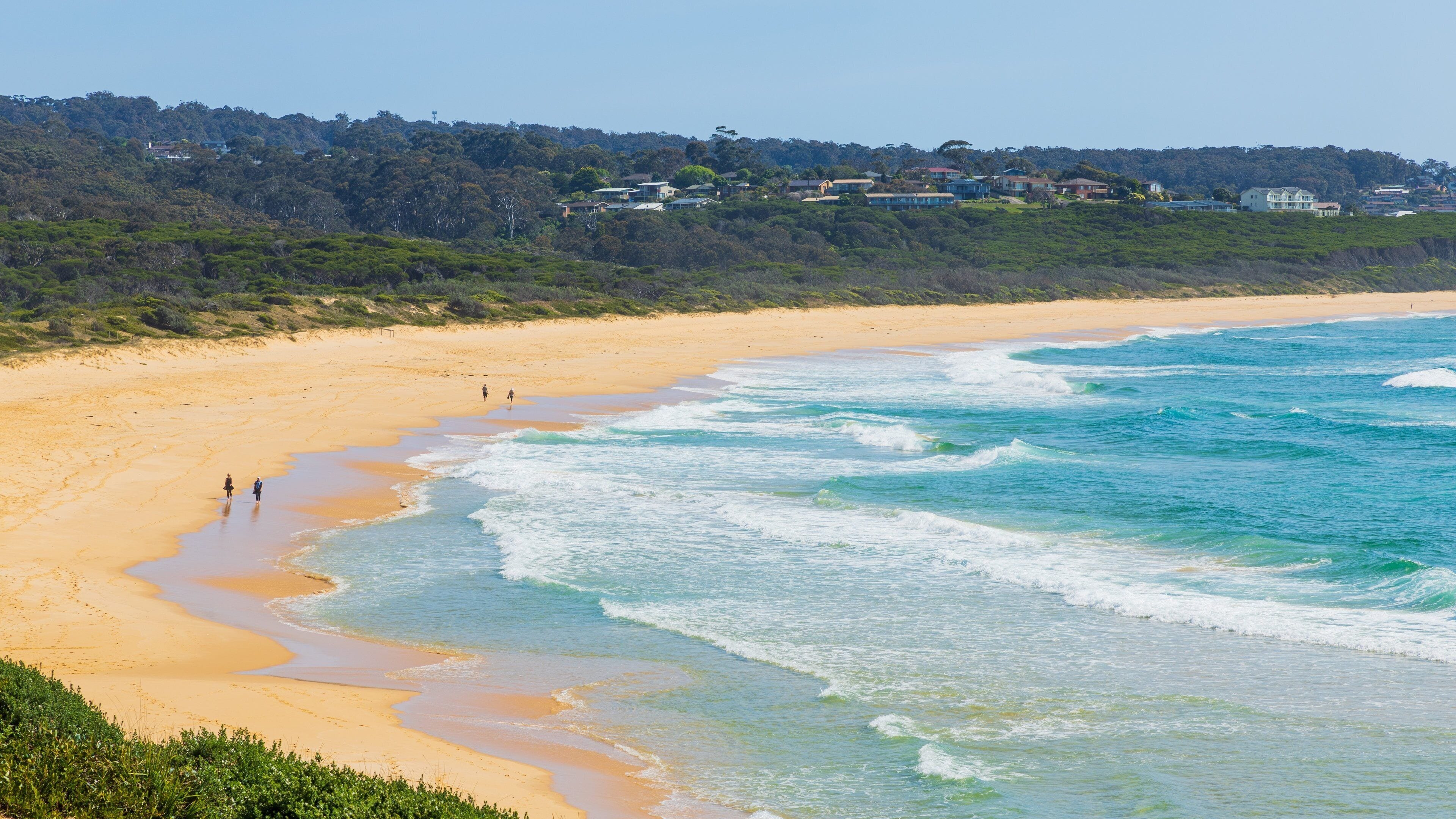 A sandy beach with waves, a forested hill, and houses in the background.