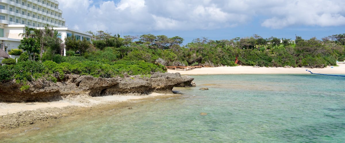 A beach with clear turquoise water, white sand, and lush greenery.