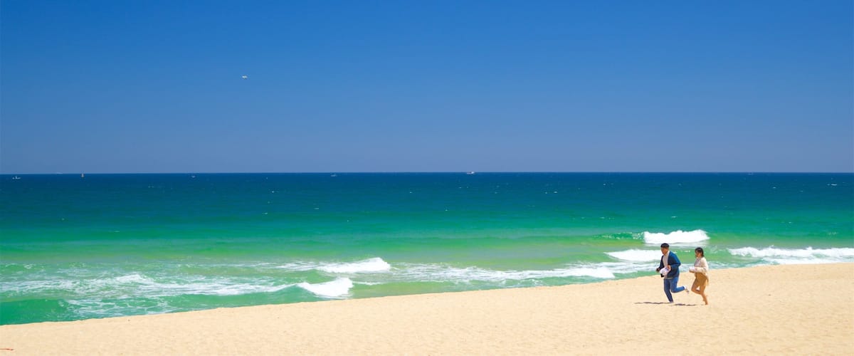 Playa de Gyeongpo que incluye una playa y vistas generales de la costa y también una pareja