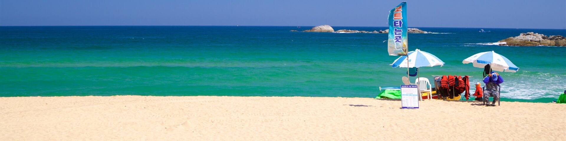 Una playa con agua turquesa cristalina, un promontorio rocoso y una bandera.