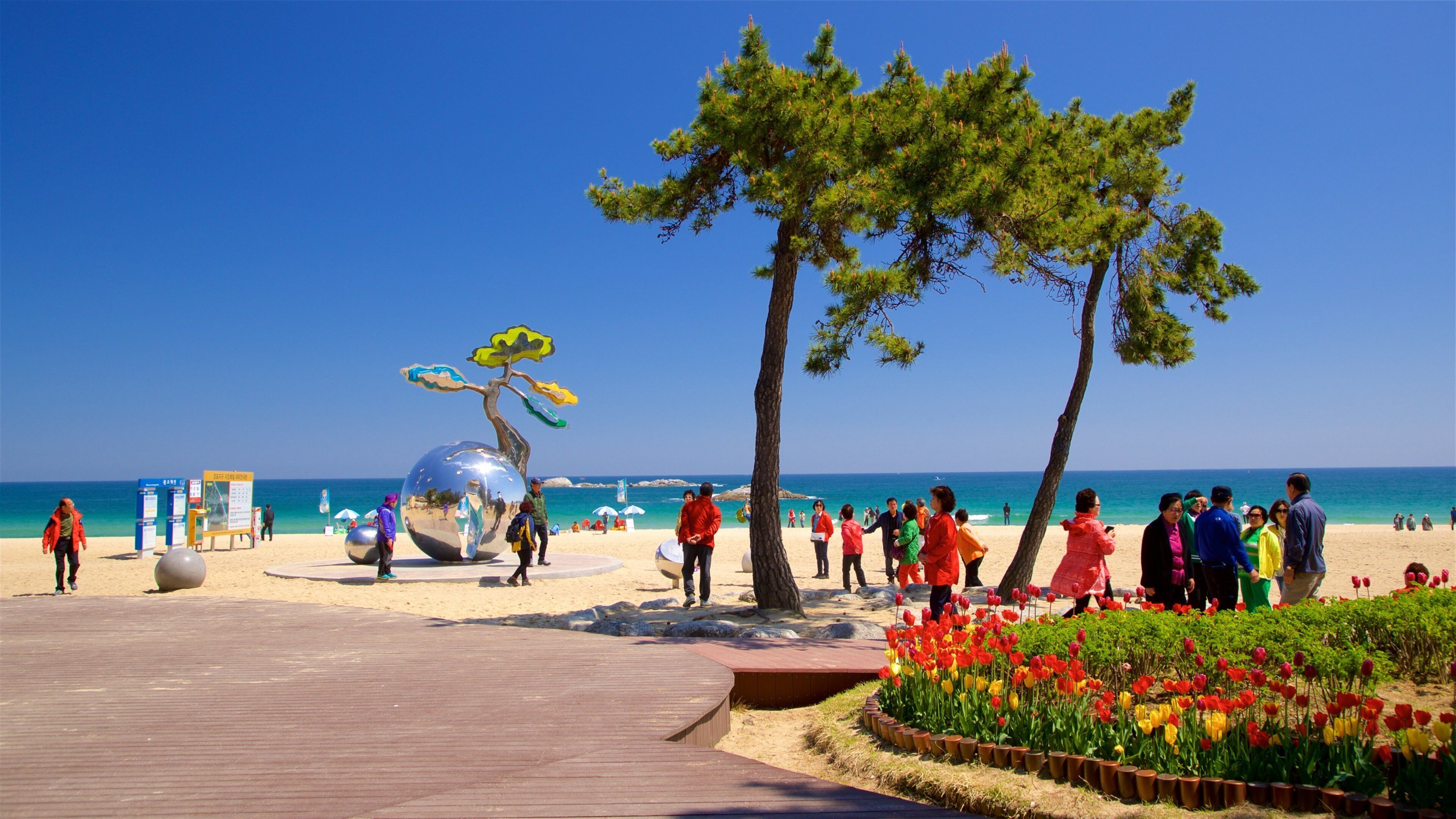Une plage animée, une sculpture aux reflets changeants et un jardin fleuri.
