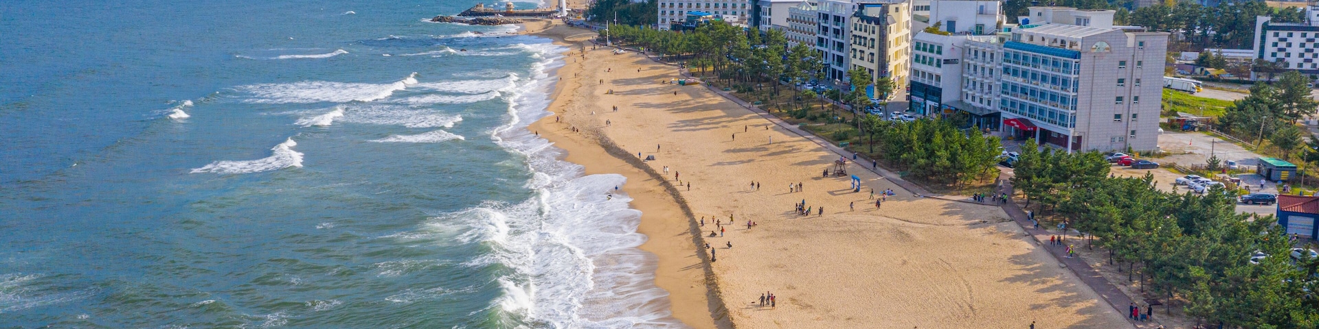 Aerial view of Gyeongpo Beach in Gangneung, Republic of Korea