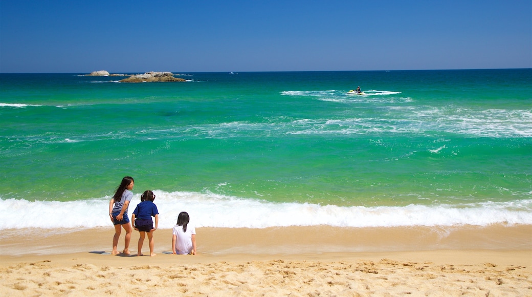 Gyeongpo Beach featuring a sandy beach and general coastal views as well as a small group of people
