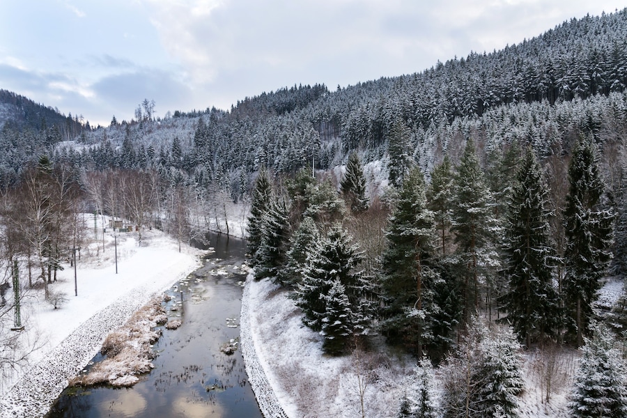 Beautiful snowy winter forest landscape, Tepla River under Brezova dam, Karlovy Vary, Czech Republic
