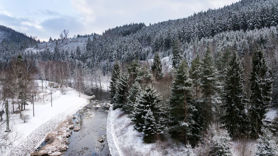 A snow-covered river valley with dense coniferous forests and a mountainous backdrop.