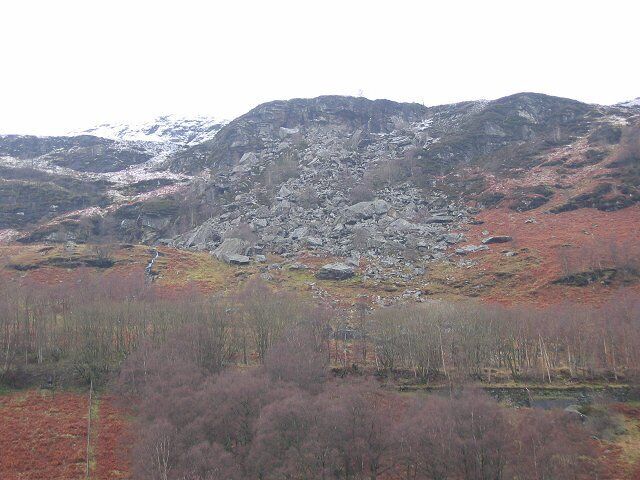 Landslide, Glen Ogle. Glen Ogle is notorious for things falling into it. Boulder falls were a constant problem for the Caledonian Railway running up the glen, and the boulders beat the dreaded Dr Beeching by six weeks to finally close the railway. The railway can be seen as a line of trees.