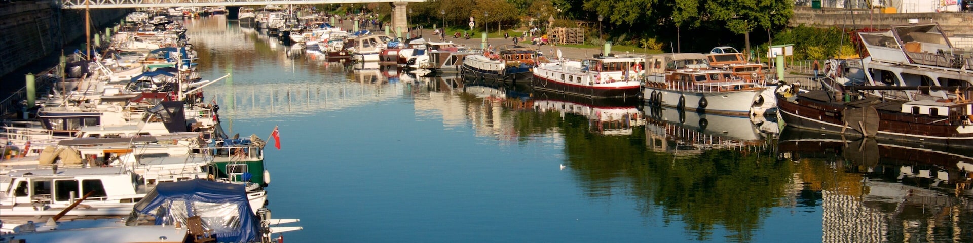 Paris caracterizando um rio ou córrego, uma ponte e uma marina