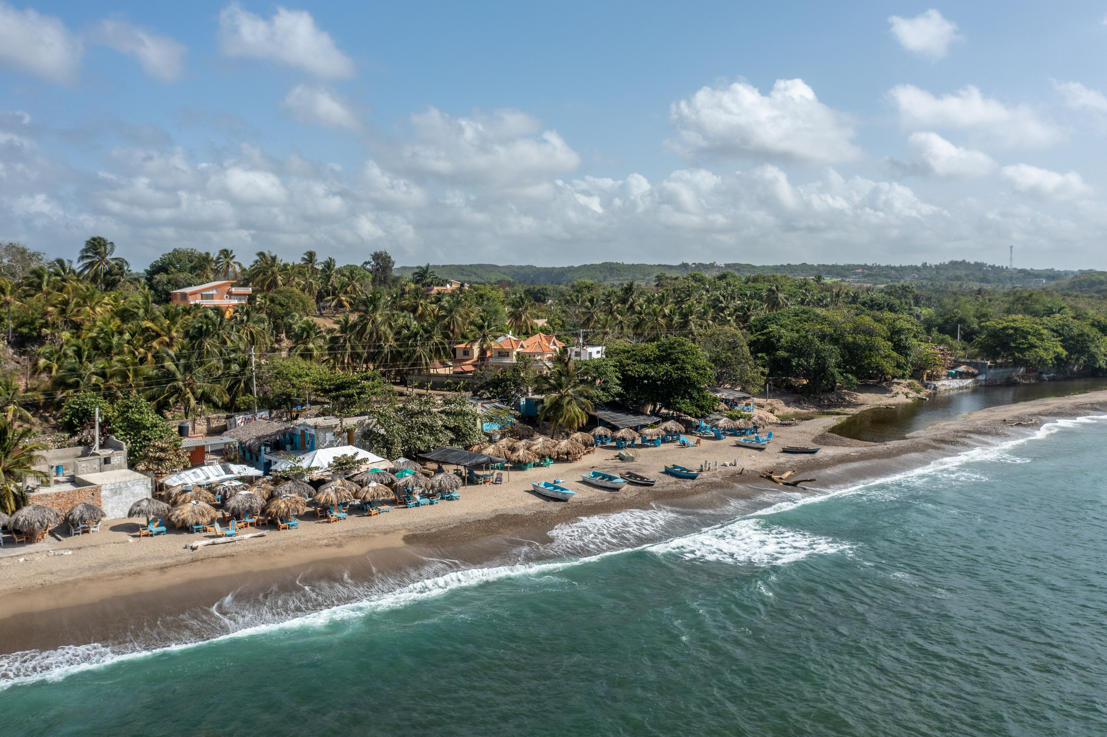 A coastal beach with thatched-roof huts, palm trees, and a clear sky.