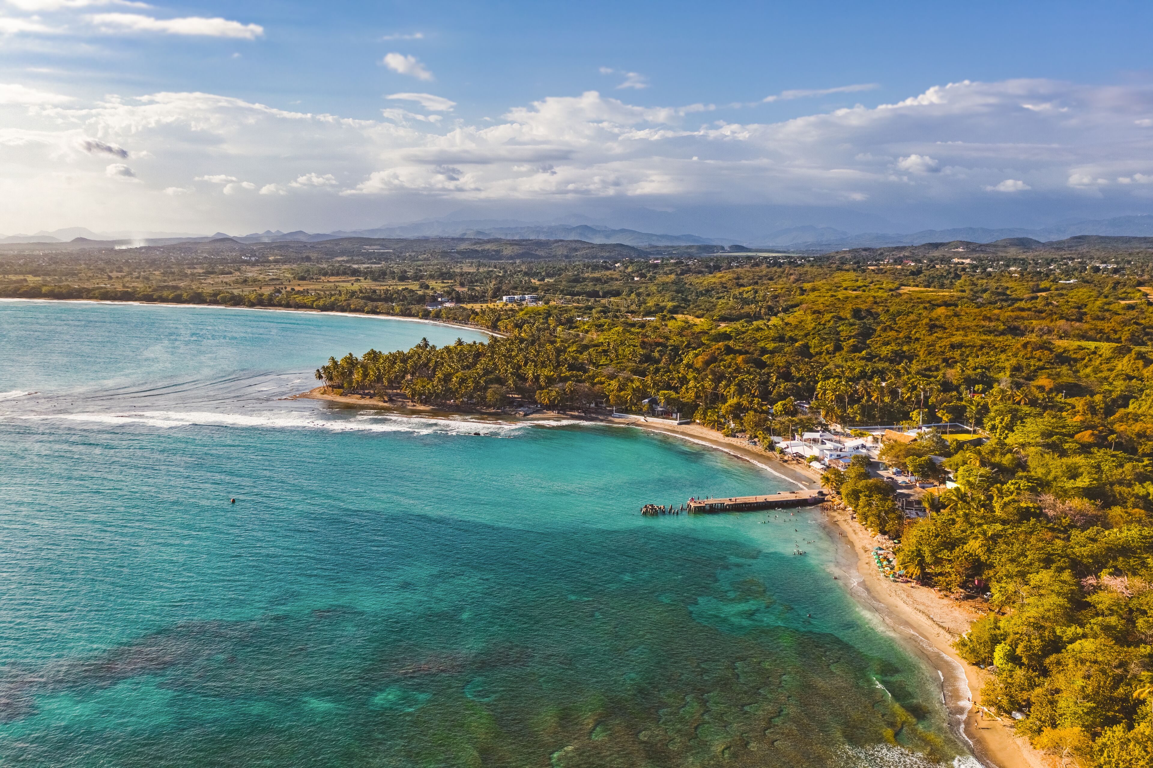 Aerial view of Palenque beach in the golden hour, San Cristóbal, Dominican Republic