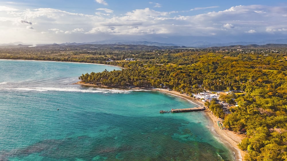Aerial view of Palenque beach in the golden hour, San Cristóbal, Dominican Republic