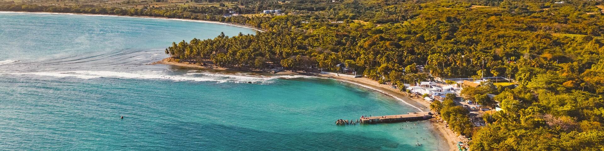 Aerial view of Palenque beach in the golden hour, San Cristóbal, Dominican Republic