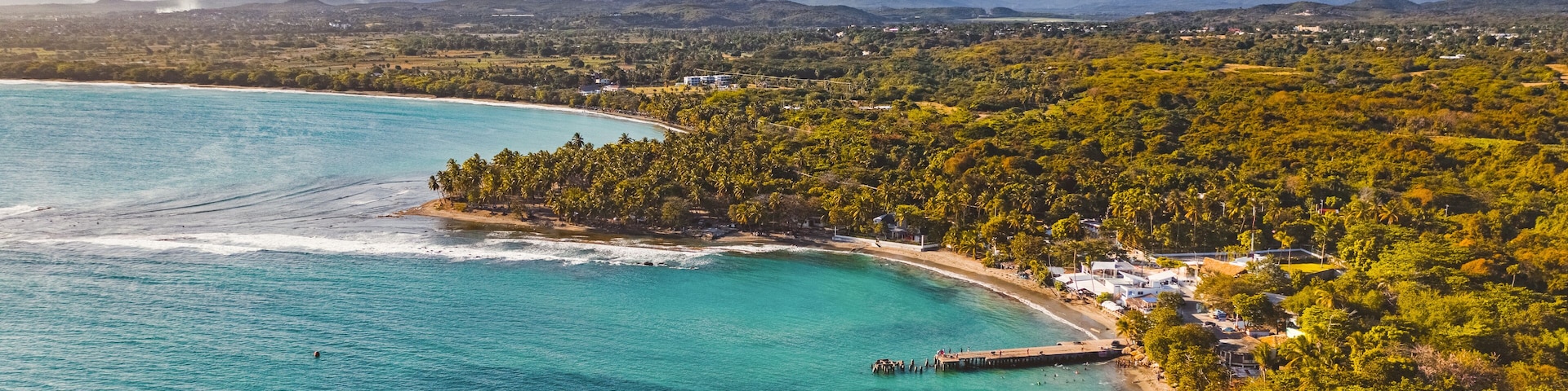 Aerial view of Palenque beach in the golden hour, San Cristóbal, Dominican Republic