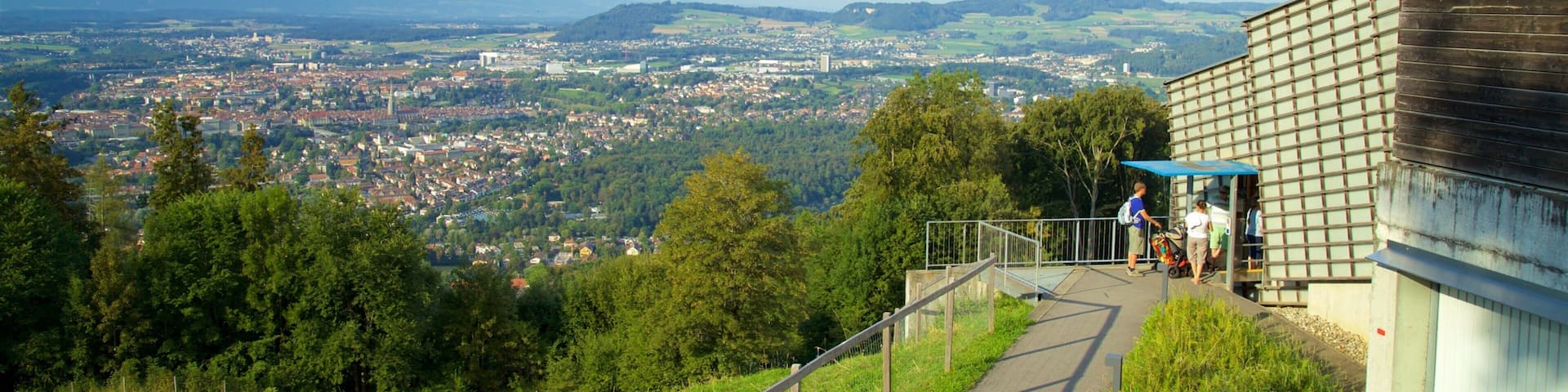 A scenic overlook with a pathway leading to a shelter, overlooking a town and distant mountains.