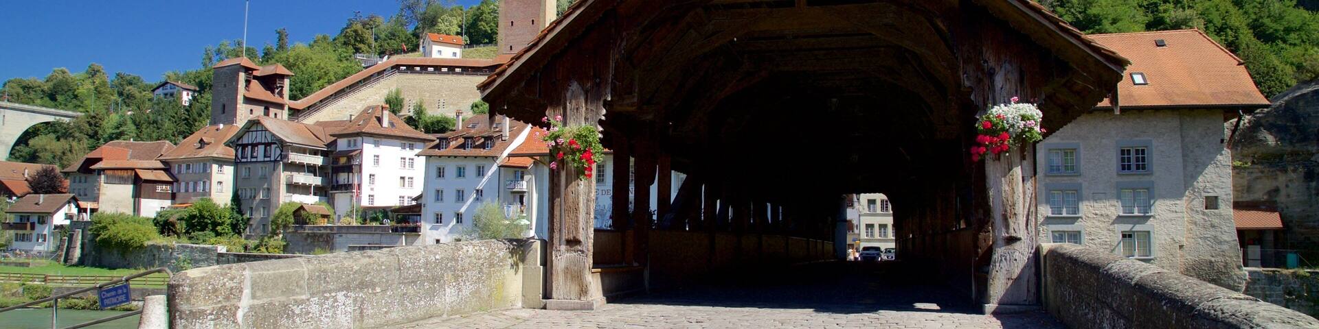 A historic covered bridge with stone walls and flower baskets, surrounded by traditional European buildings and a river.