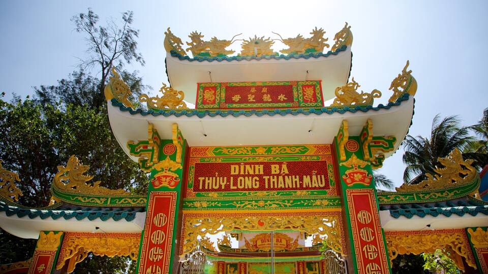 A traditional Chinese gate with ornate dragon decorations and a sign reading "Dinh Ba Thu Long Thanh Mau".