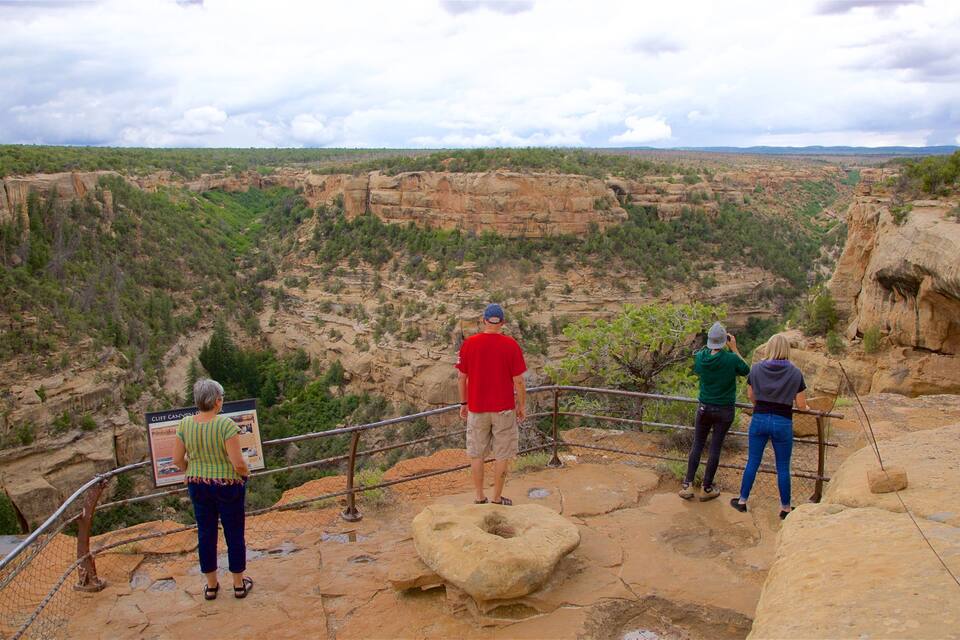A group of people standing on a rocky outcrop overlooking a canyon with layered rock formations and sparse vegetation.