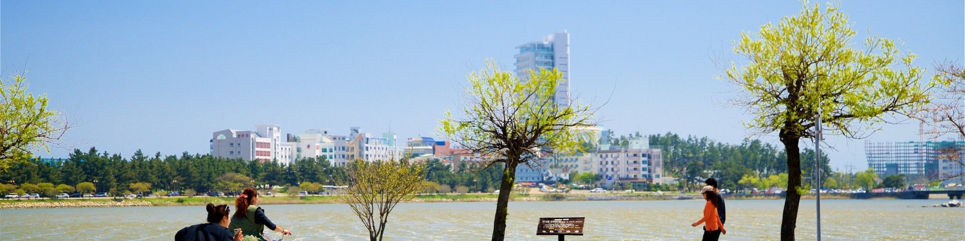 Pyeongchang mostrando um lago ou charco, uma cidade e ciclismo urbano