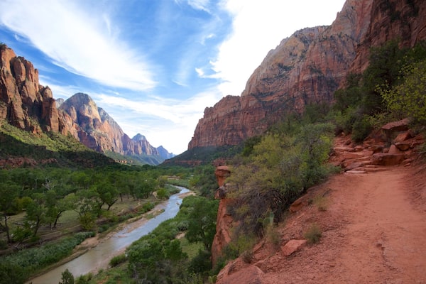Zion National Park som inkluderar berg, en Ă„ eller flod och en ravin eller kanjon