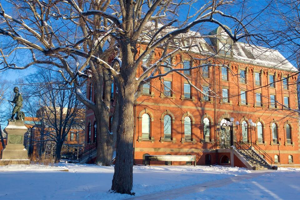A snow-covered building with a statue in front.