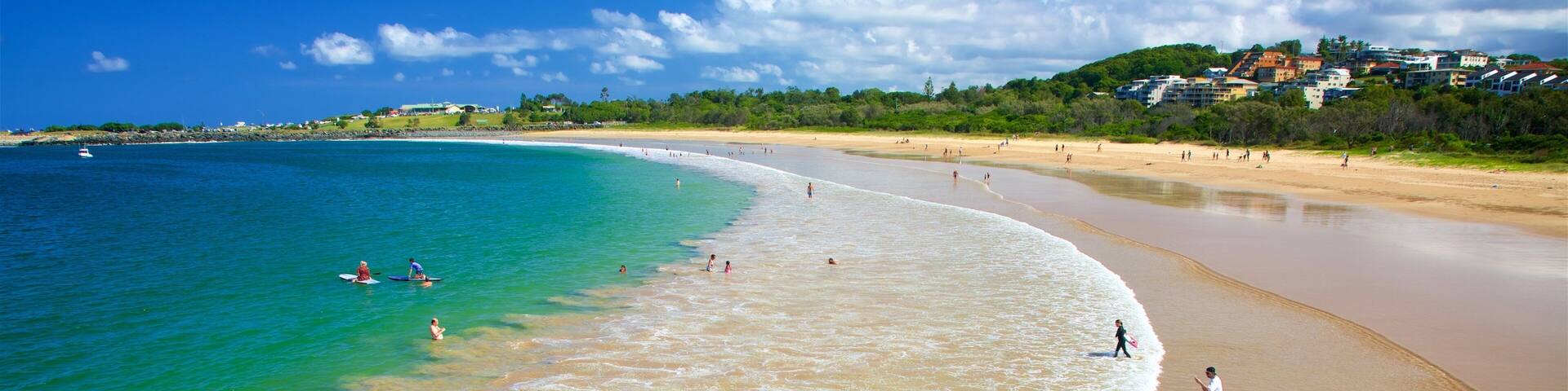 Coffs Harbour showing a bay or harbour, a sandy beach and swimming