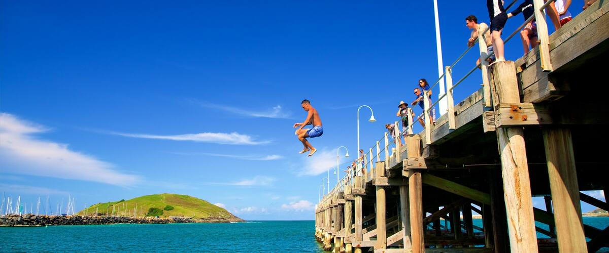 Coffs Harbour which includes a bay or harbor and swimming as well as a small group of people