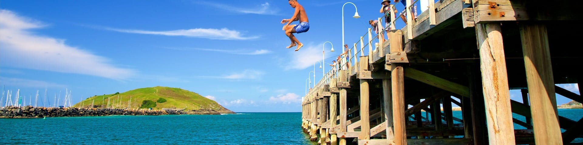 Coffs Harbour which includes a bay or harbor and swimming as well as a small group of people