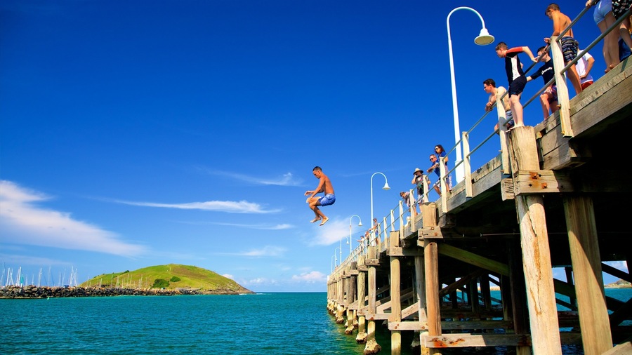 Coffs Harbour which includes a bay or harbor and swimming as well as a small group of people