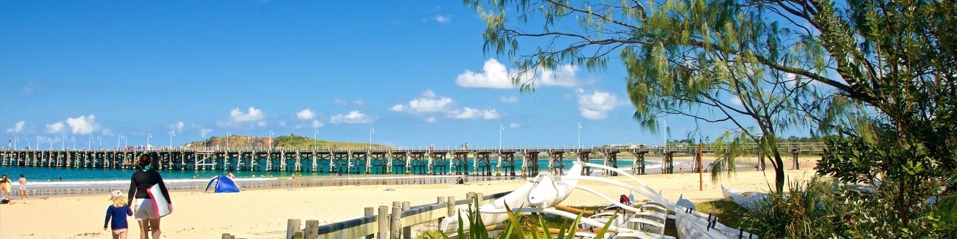 A beach with a wooden pier, white canoes, and a woman walking with a child.