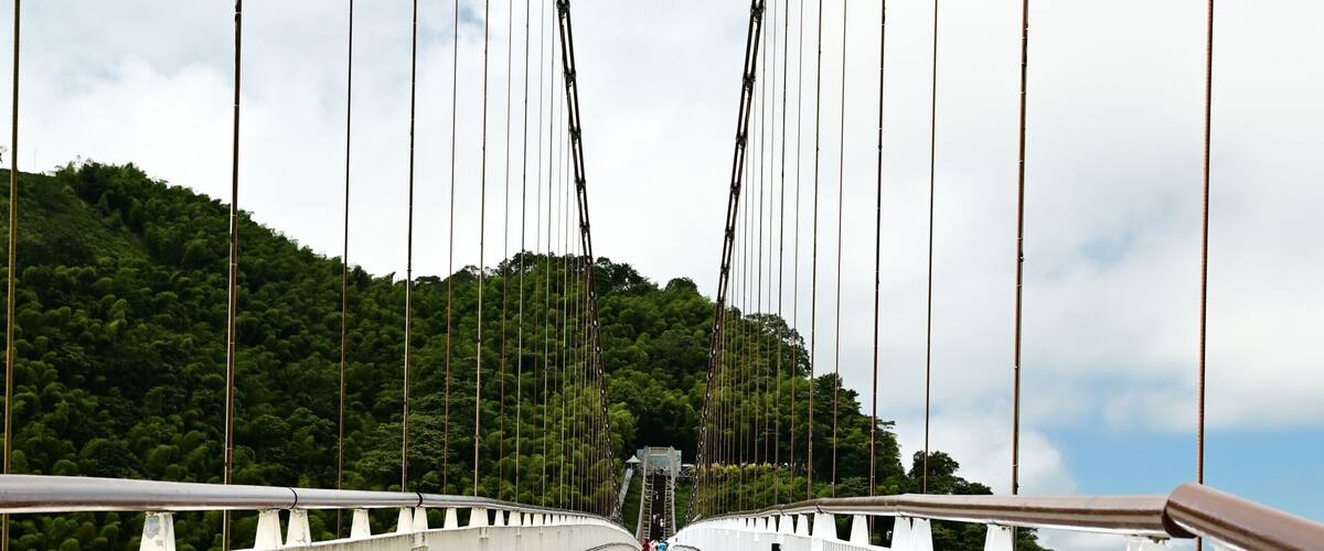 Taiping Suspension Bridge, Taiwan’s highest scenic bridge, stretches across a valley in Meishan Township, Chiayi. Visitors enjoy stunning views and fresh air, feeling immersed in nature.