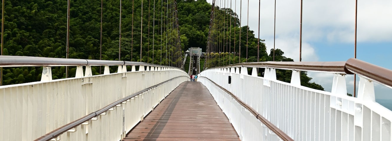 Taiping Suspension Bridge, Taiwan’s highest scenic bridge, stretches across a valley in Meishan Township, Chiayi. Visitors enjoy stunning views and fresh air, feeling immersed in nature.