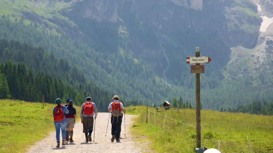 Trentino caracterizando escalada ou caminhada e sinalização assim como um pequeno grupo de pessoas