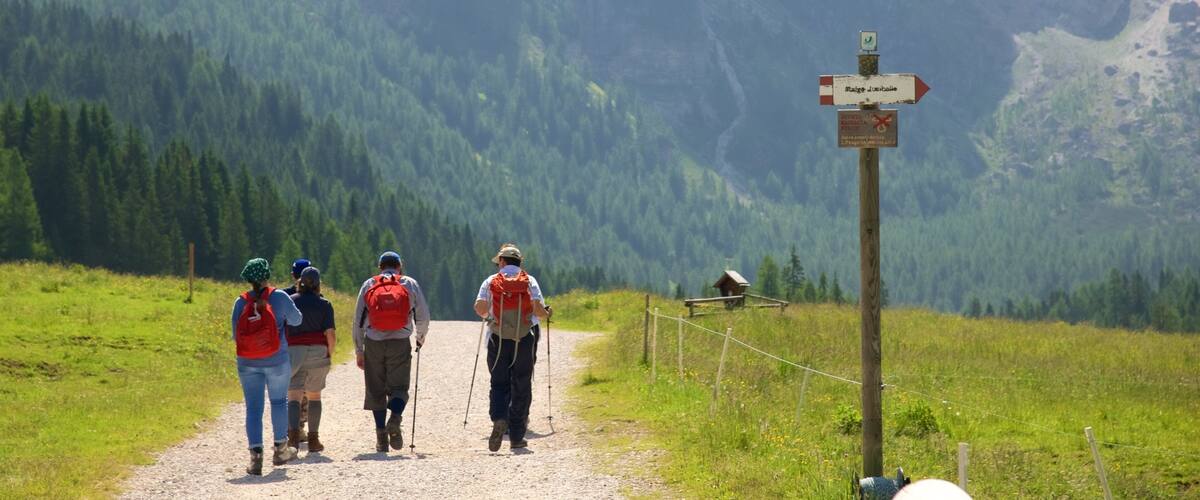 A group of hikers on a gravel path with a signpost indicating directions.