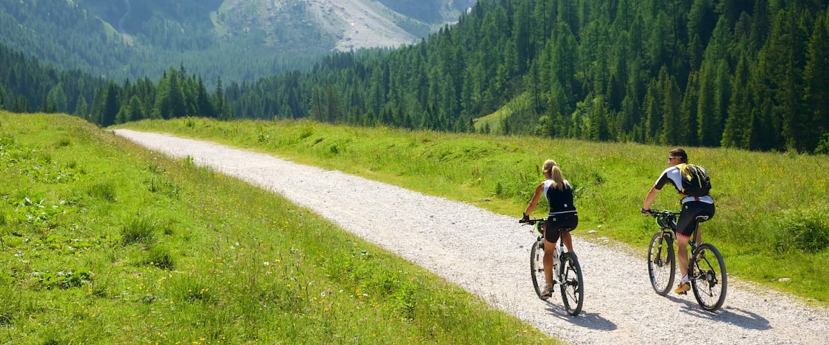 A gravel path in a mountainous area with dense forests and a clear sky.