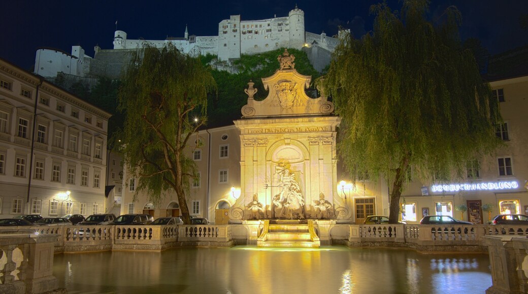 Salzburg showing a fountain, a pond and night scenes