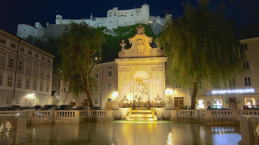 Salzburg som inkluderar en stad, nattliv och en fontän