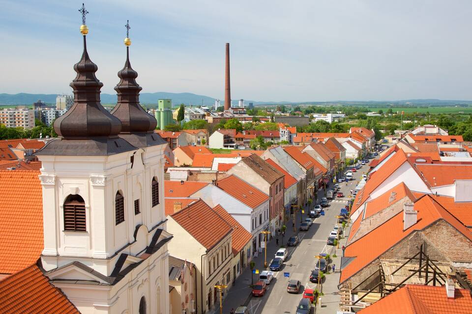 A town with red-tiled roofs, a church with two domes, and a tall chimney in the background.