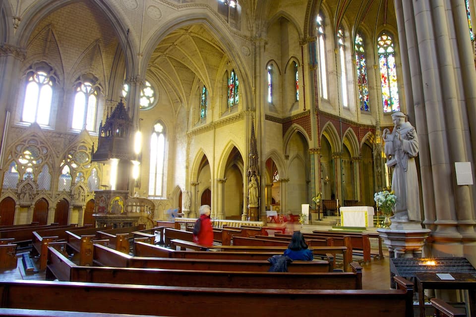 Interior d'església amb alts sostres volta i vitralls, juntament amb pews de fusta.