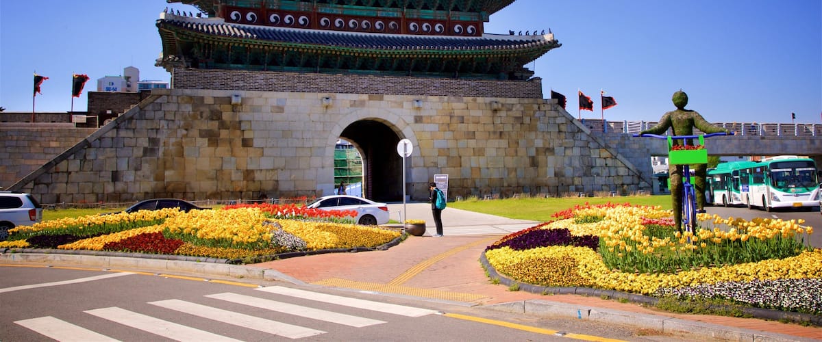 Suwon showing outdoor art, heritage architecture and flowers