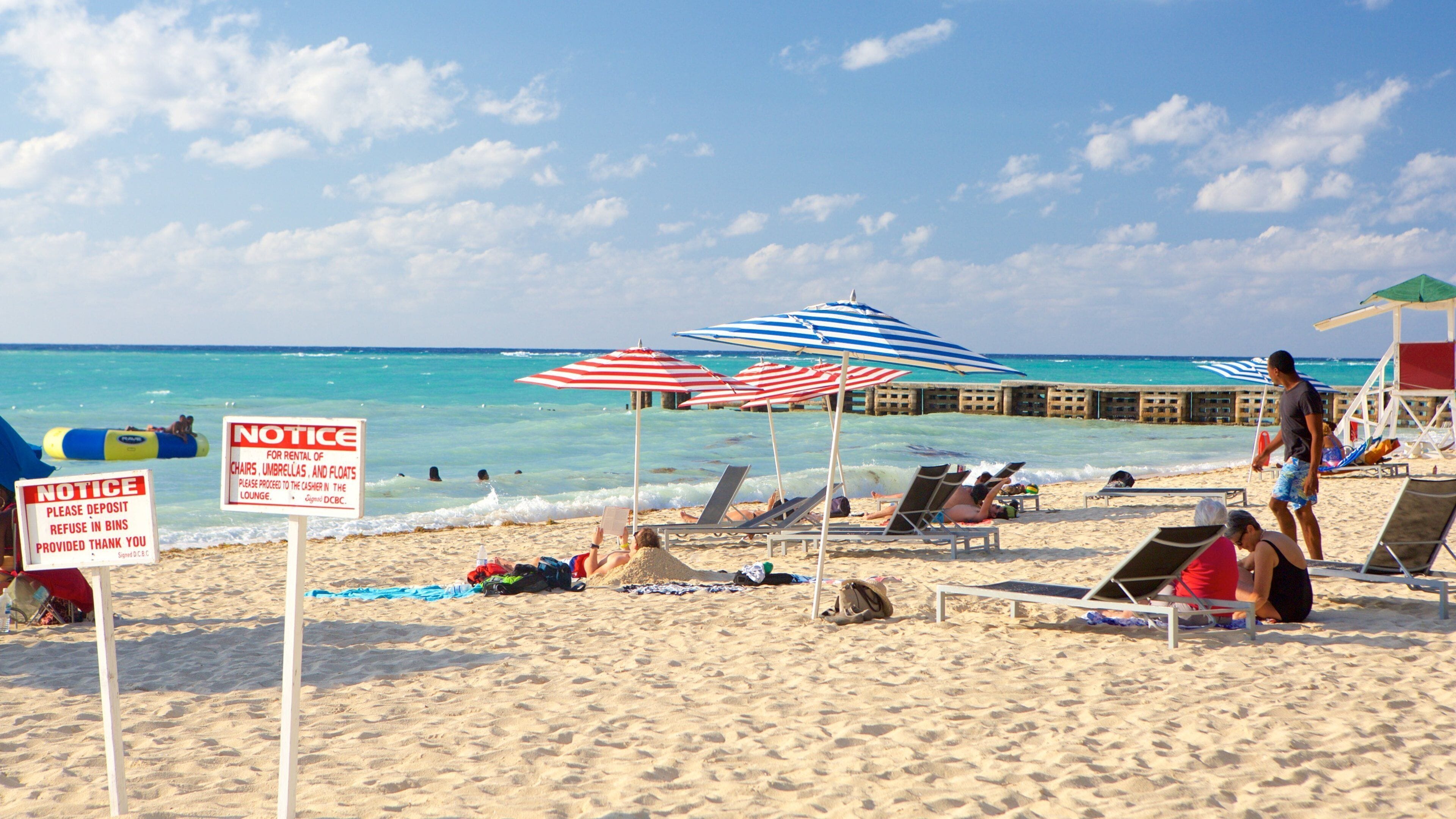 Doctor\'s Cave Beach showing signage and a sandy beach as well as a small group of people