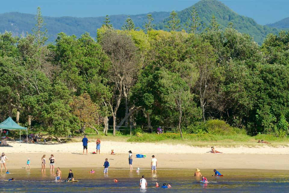 Una playa con gente nadando y jugando, una carpa y una montaña boscosa al fondo.