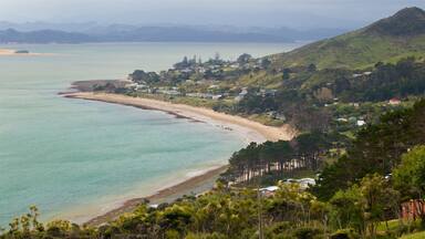 Omapere presenterar en kuststad, kustutsikter och en strand