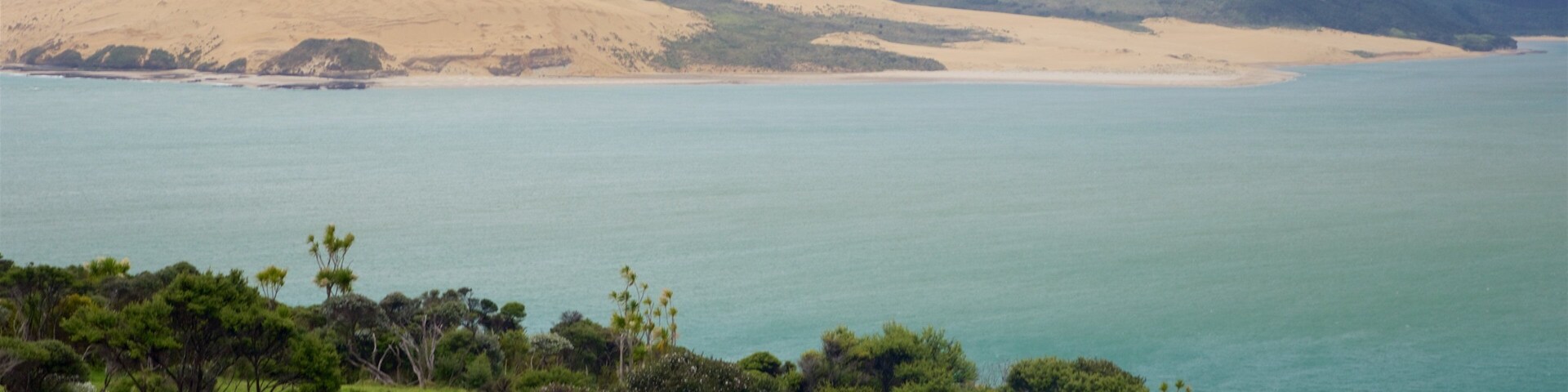 Omapere featuring a sandy beach, tranquil scenes and a bay or harbor