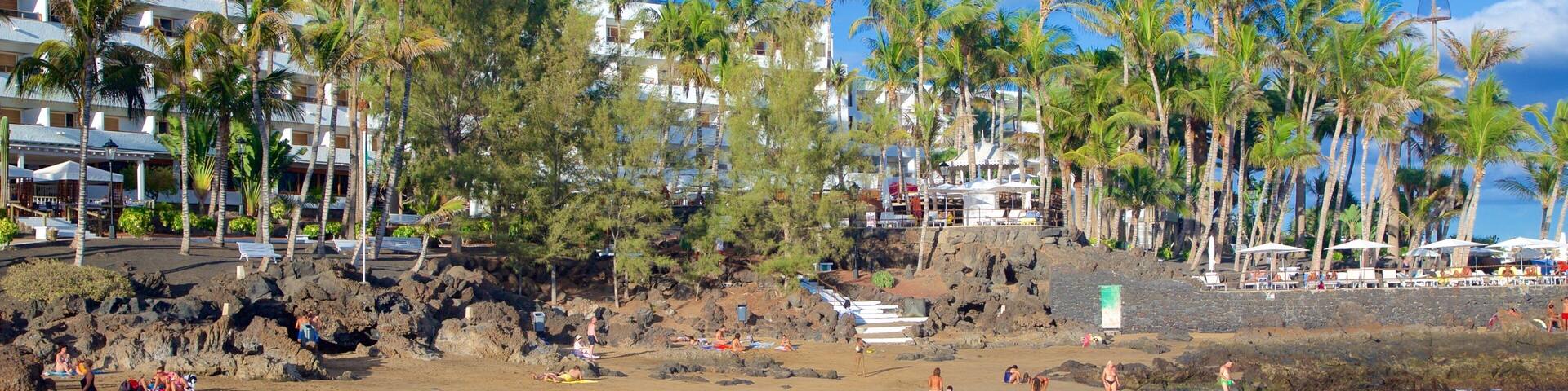 A beach with rocky shorelines, palm trees, and a resort in the background.
