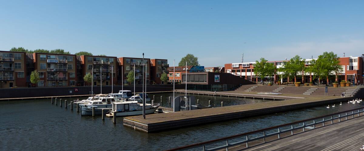 A marina with boats docked, a wooden boardwalk, and modern buildings in the background.