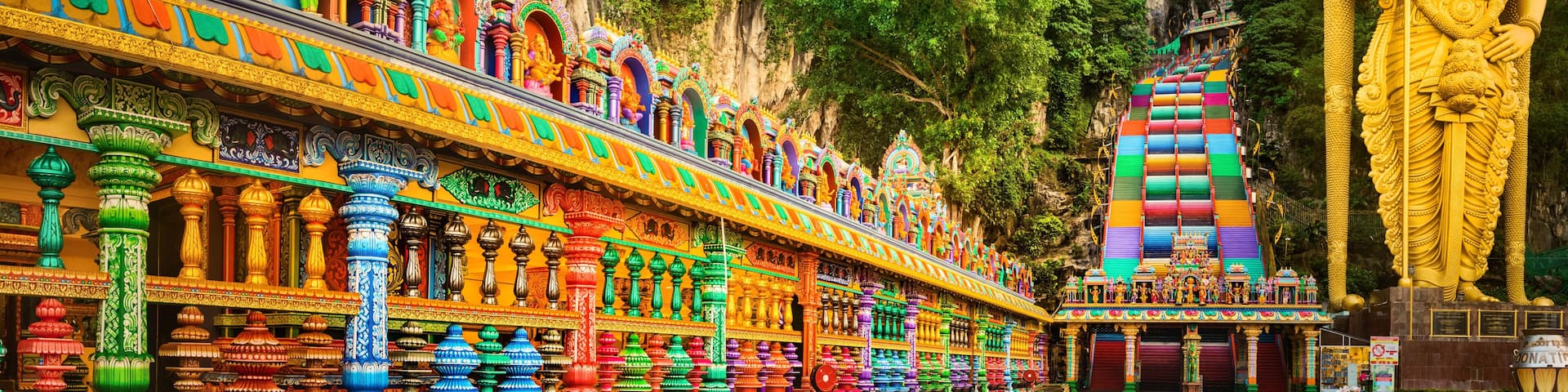 Colorful stairs of Batu caves, Malaysia. Panorama