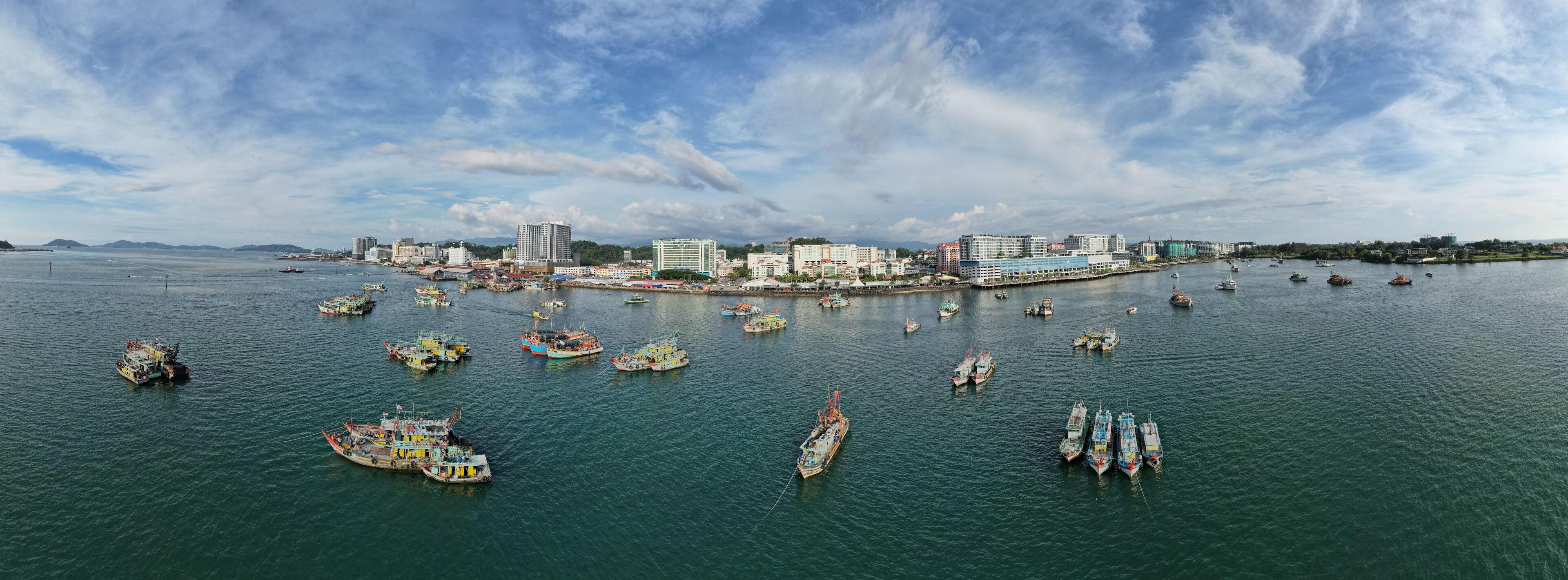 A harbor with numerous boats, a city skyline, and a clear sky.