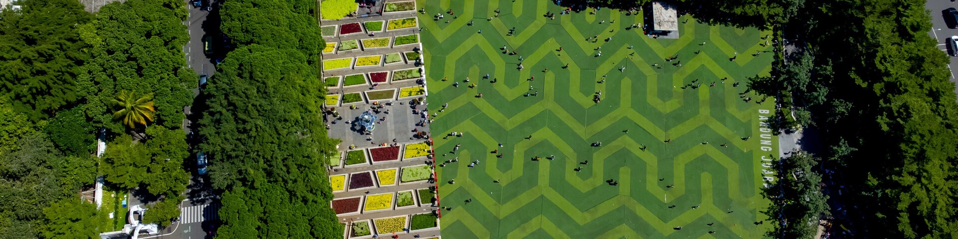 Bandung, Indonesia - July 9, 2023: Aerial View of City Square (Alun-Alun) Bandung and Masjid Raya Bandung, An Icon in the Downtown, West Java, Indonesia.